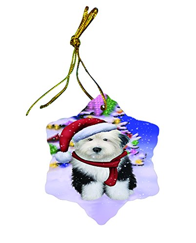 Winter Wonderland Old English Sheepdog Christmas Star Porcelain Ornament POR2996