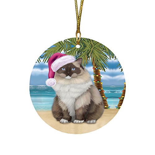 Summertime Ragdoll Cat on Beach Christmas Round Flat Ornament POR1764