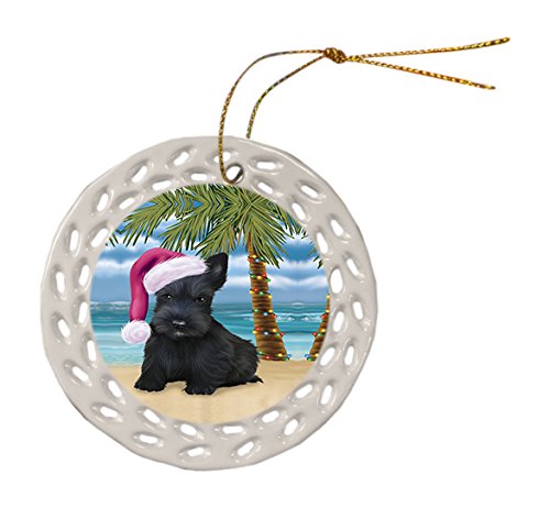 Summertime Scottish Terrier Dog on Beach Christmas Round Doily Ornament POR429