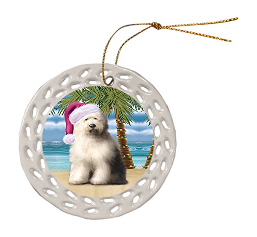 Summertime Old English Sheepdog on Beach Christmas Round Doily Ornament POR550