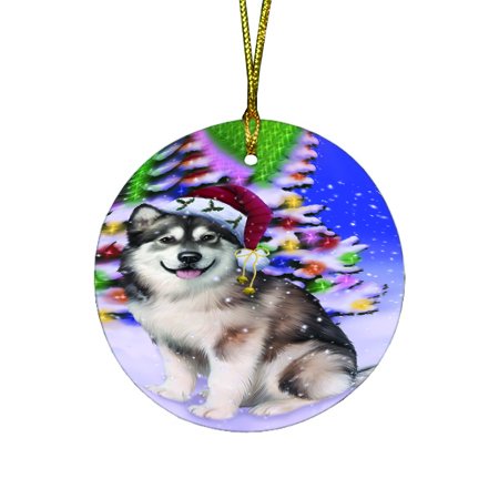 Winterland Wonderland Alaskan Malamute Dog In Christmas Holiday Scenic Background Round Ornament D443
