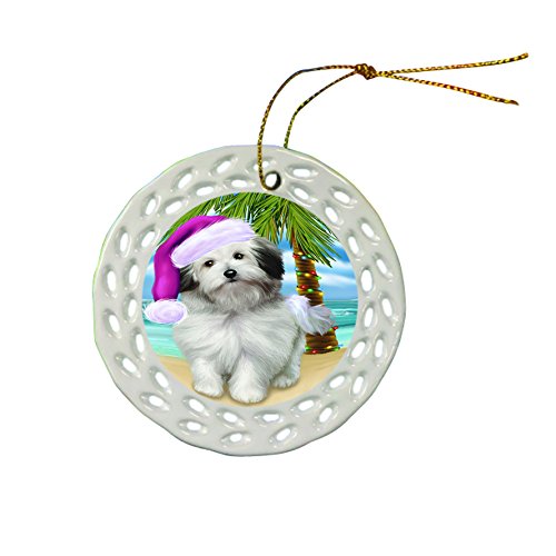 Summertime Bolognese Dog with Santa Hat Christmas Round Porcelain Ornament POR663
