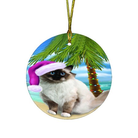 Summertime Happy Holidays Christmas Birman Cat on Tropical Island Beach Round Ornament D427