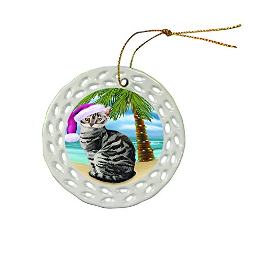 Summertime Bengal Cat with Santa Hat Christmas Round Porcelain Ornament POR652