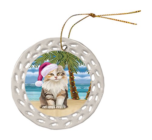 Summertime American Curl Cat on Beach Christmas Round Doily Ornament POR440
