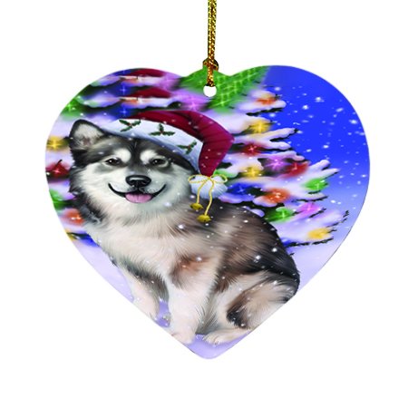 Winterland Wonderland Alaskan Malamute Dog In Christmas Holiday Scenic Background Heart Ornament D444