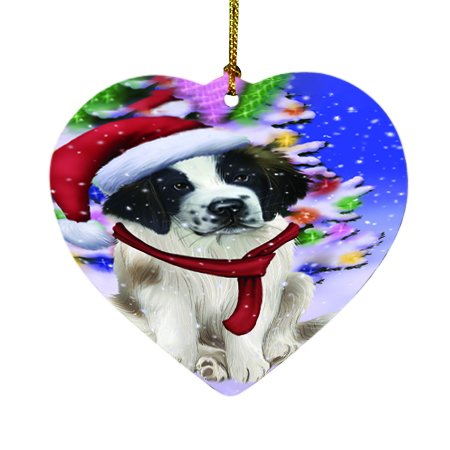Winterland Wonderland Saint Bernard Dog In Christmas Holiday Scenic Background Heart Ornament D523