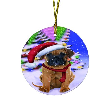 Winterland Wonderland Bullmastiff Dog In Christmas Holiday Scenic Background Round Ornament D452