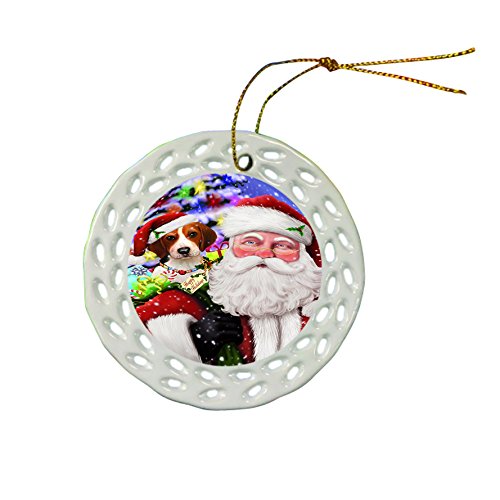 Santa Carrying Treeing Walker Coonhound Dog Presents Christmas Round Porcelain Ornament POR639