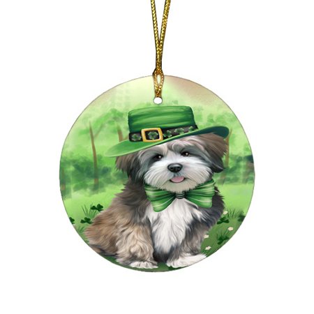 St. Patricks Day Irish Portrait Lhasa Apso Dog Round Christmas Ornament RFPOR48820
