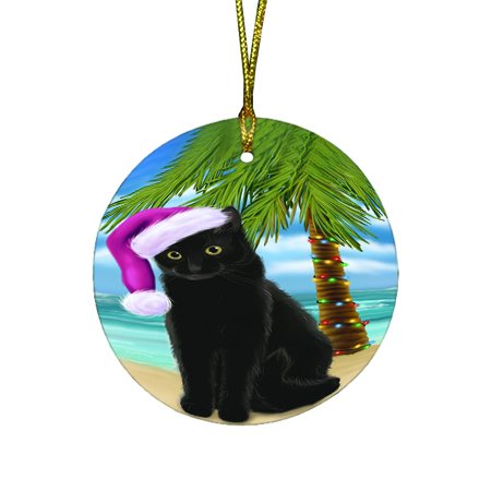 Summertime Happy Holidays Christmas Black Cat on Tropical Island Beach Round Ornament D428