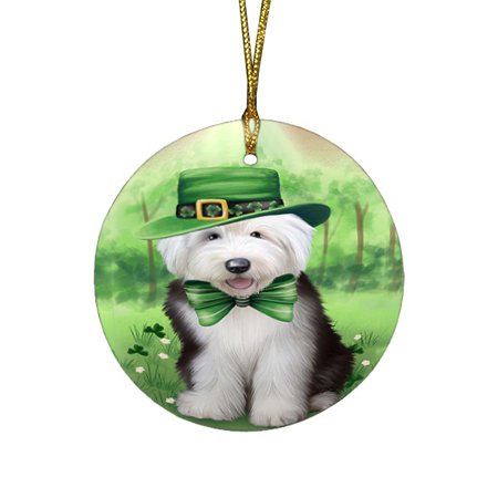 St. Patricks Day Irish Portrait Old English Sheepdog Round Christmas Ornament RFPOR48832