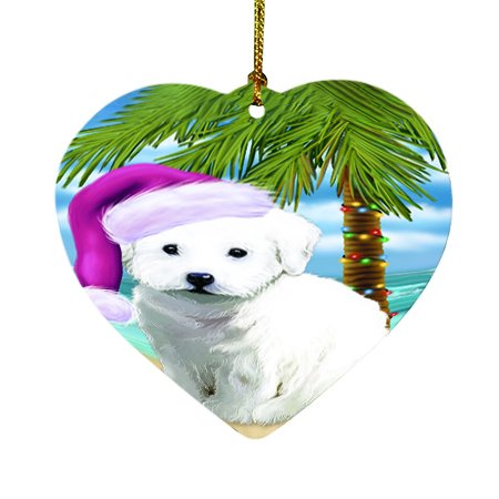 Summertime Happy Holidays Christmas Bichon Frise Dog on Tropical Island Beach Heart Ornament D426