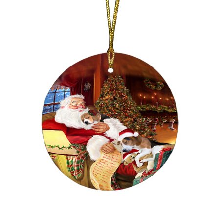 Treeing Walker Coonhound Dog and Puppies Sleeping with Santa Round Christmas Ornament D406