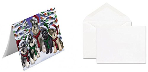 Schnauzers Dog Christmas Family Portrait in Holiday Scenic Background Handmade Artwork Assorted Pets Greeting Cards and Note Cards with Envelopes for All Occasions and Holiday Seasons