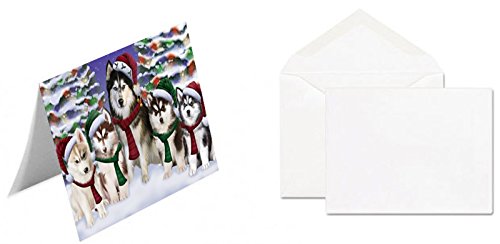 Siberian Huskies Dog Christmas Family Portrait in Holiday Scenic Background Handmade Artwork Assorted Pets Greeting Cards and Note Cards with Envelopes for All Occasions and Holiday Seasons