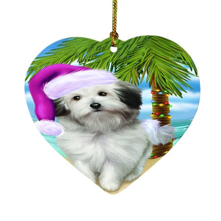 Summertime Happy Holidays Christmas Bolognese Dogs on Tropical Island Beach Heart Ornament D433