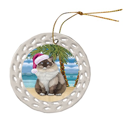 Summertime Ragdoll Cat on Beach Christmas Round Doily Ornament POR619