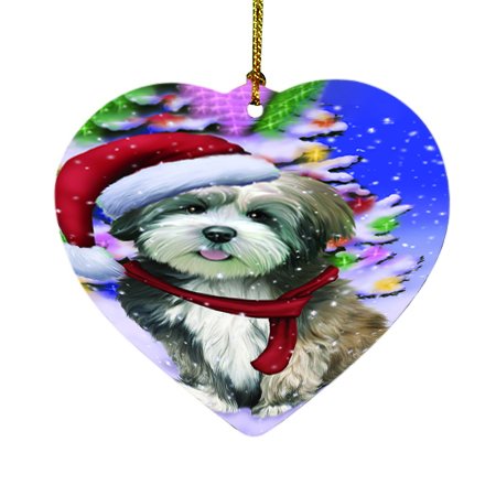 Winterland Wonderland Lhasa Apso Dog In Christmas Holiday Scenic Background Heart Ornament D459