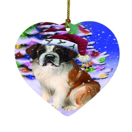 Winterland Wonderland Saint Bernard Dog In Christmas Holiday Scenic Background Heart Ornament D524
