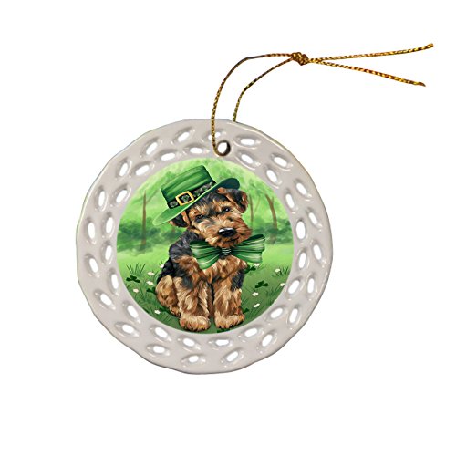St. Patricks Day Irish Portrait Airedale Terrier Dog Ceramic Doily Ornament DPOR48389