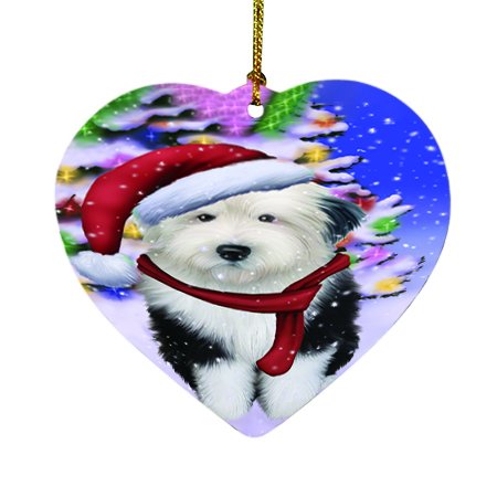 Winterland Wonderland Old English Sheepdog Dog In Christmas Holiday Scenic Background Heart Ornament D521