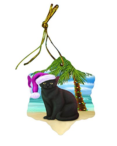 Summertime Black Cat on Beach Christmas Star Ornament POR2983
