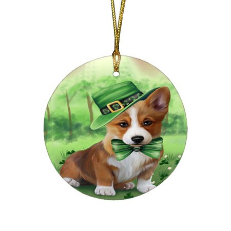 St. Patricks Day Irish Portrait Corgie Dog Round Christmas Ornament RFPOR48779