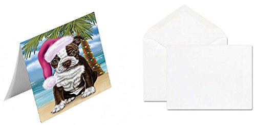 Summertime Happy Holidays Christmas Boston Terriers Dog on Tropical Island Beach Handmade Artwork Assorted Pets Greeting Cards and Note Cards with Envelopes for All Occasions and Holiday Seasons