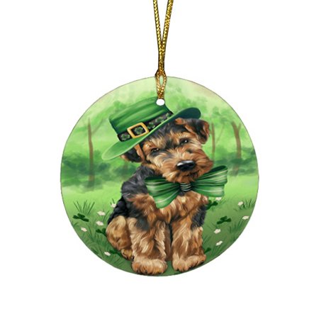 St. Patricks Day Irish Portrait Airedale Terrier Dog Round Christmas Ornament RFPOR48438