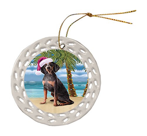 Summertime American English Coonhound Dog on Beach Christmas Round Doily Ornament POR445