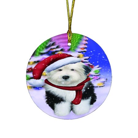 Winterland Wonderland Old English Sheepdog Dog In Christmas Holiday Scenic Background Round Ornament D520