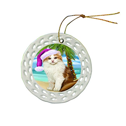 Summertime American Curl Cat with Santa Hat Christmas Round Porcelain Ornament POR642