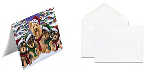 Yorkshire Terriers Dog Christmas Family Portrait in Holiday Scenic Background Handmade Artwork Assorted Pets Greeting Cards and Note Cards with Envelopes for All Occasions and Holiday Seasons