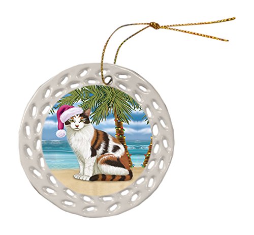 Summertime Calico Cat on Beach Christmas Round Doily Ornament POR491