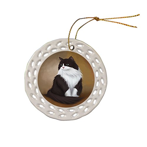 Tuxedo Cat Christmas Doily Ceramic Ornament