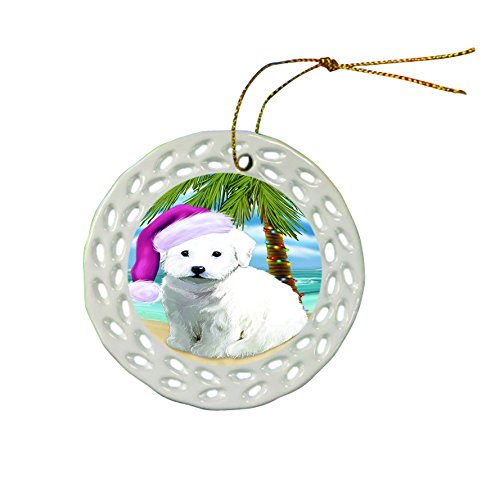 Summertime Bichon Frise Dog with Santa Hat Christmas Round Porcelain Ornament POR656