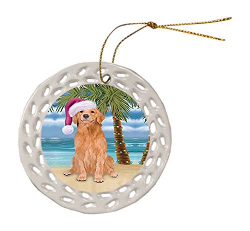 Summertime Golden Retriever Dog on Beach Christmas Round Doily Ornament POR531