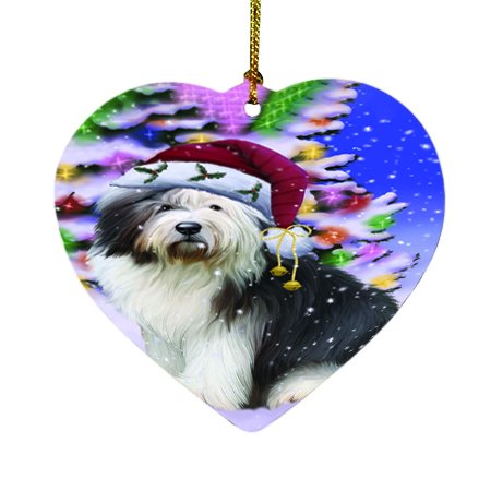 Winterland Wonderland Old English Sheepdog Dog In Christmas Holiday Scenic Background Heart Ornament D522