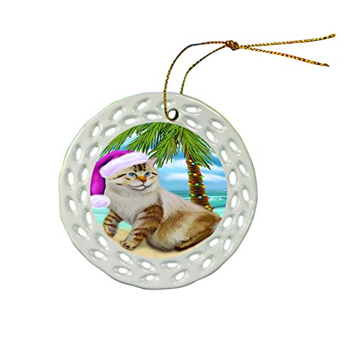 Summertime American Bobtail Cat with Santa Hat Christmas Round Porcelain Ornament POR641