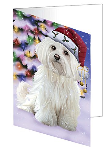 Winterland Wonderland Maltese Dog In Christmas Holiday Scenic Background Handmade Artwork Assorted Pets Greeting Cards and Note Cards with Envelopes for All Occasions and Holiday Seasons