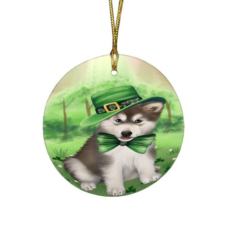 St Patricks Day Irish Portrait Alaskan Malamute Dog Round Christmas Ornament RFPOR48540