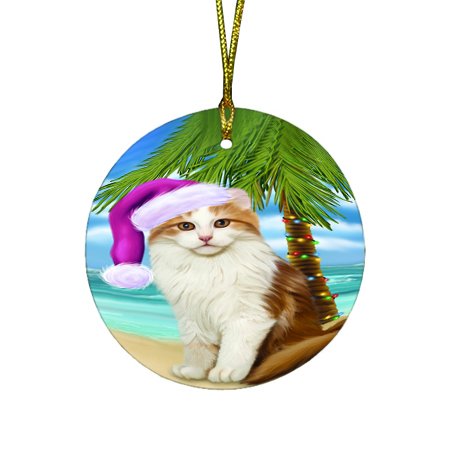 Summertime Happy Holidays Christmas American Curl Cat on Tropical Island Beach Round Ornament D411