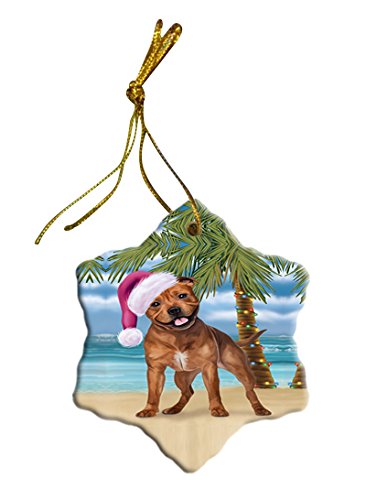 Summertime Pit Bull Dog on Beach Christmas Star Ornament POR2913