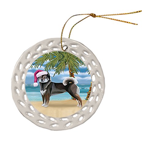 Summertime Aiku Dog on Beach Christmas Round Doily Ornament POR415