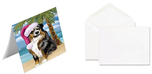 Summertime Happy Holidays Christmas Australian Shepherd Dog on Tropical Island Beach Handmade Artwork Assorted Pets Greeting Cards and Note Cards with Envelopes for All Occasions and Holiday Seasons