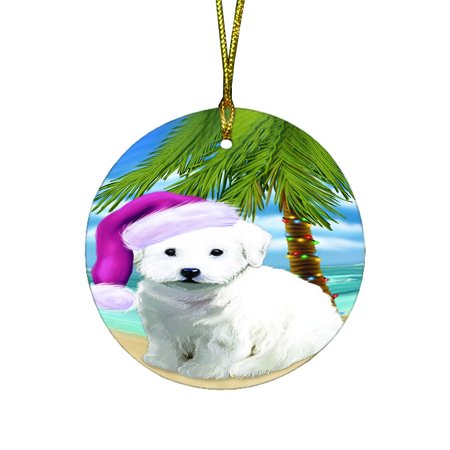 Summertime Happy Holidays Christmas Bichon Frise Dog on Tropical Island Beach Round Ornament D425