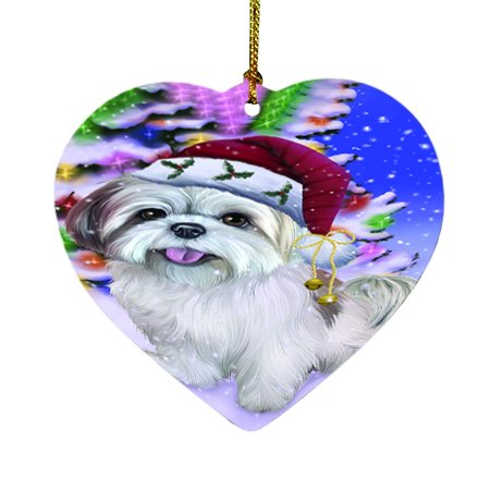 Winterland Wonderland Lhasa Apso Dog In Christmas Holiday Scenic Background Heart Ornament D458