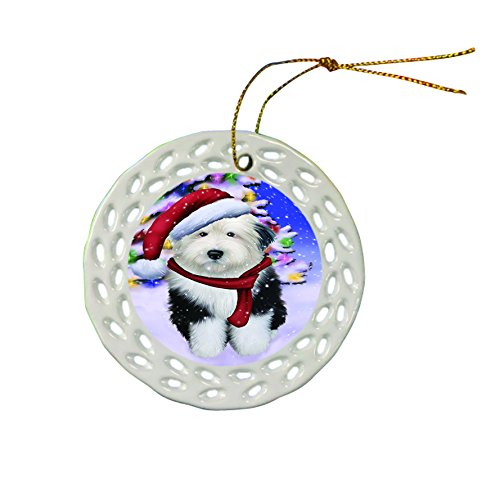 Winter Wonderland Old English Sheepdog Christmas Round Porcelain Ornament POR674