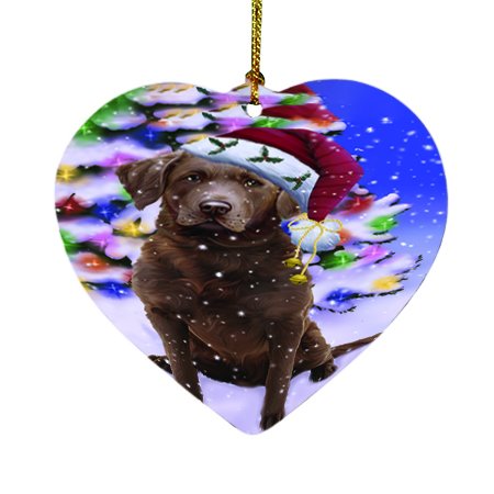 Winterland Wonderland Chesapeake Bay Retriever Dog In Christmas Holiday Scenic Background Heart Ornament D454